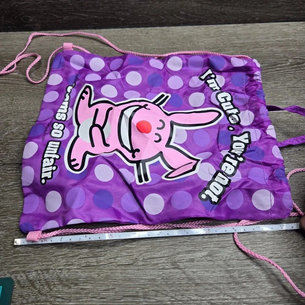 Vintage Y2K It's Happy Bunny Jim Benton Drawstring Cinch Sack Backpack Purple